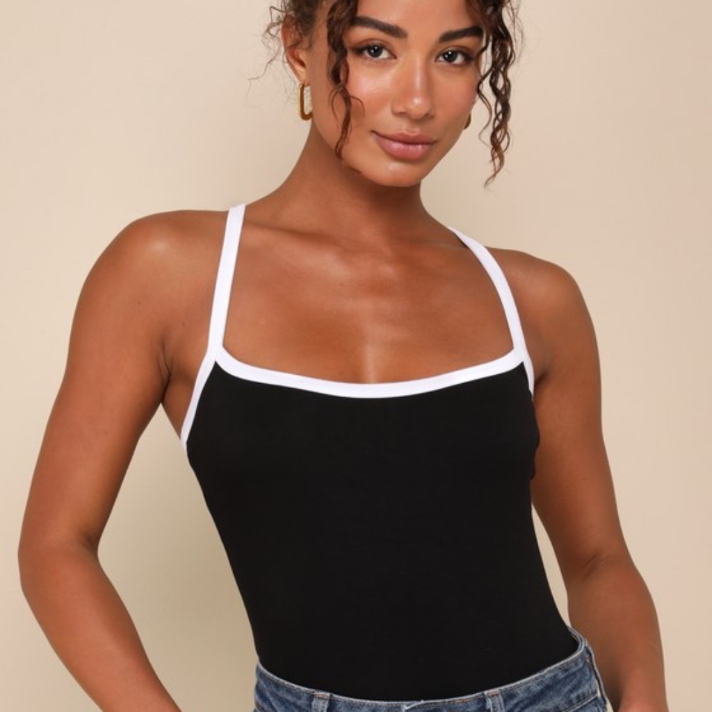 Lulus Trendy Inclination Black And White Sleeveless Cami Bodysuit - Size L